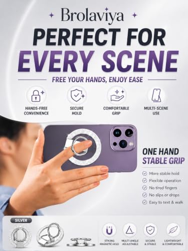 Image of BROLAVIYA Magnetic Phone Ring Holder, 360 Rotating & 180 Flip Finger Ring Stand, Ultra Slim Metal Grip Kickstand Compatible for iPhone 16 /15 /14 /13 /12 Series & All Smartphones - Silver