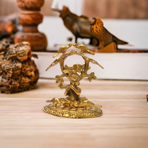 Image of KridayKraft Shri Krishna Sitting Under Tree Laddu Gopal with Playing Flute Metal Statue Showpiece Figurines,Religious Idol Gift Article.