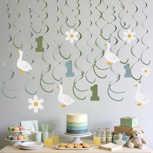 Image of 24Pcs Sage Green Dusty Blue One Silly Goose Hanging Swirl Decoration Blue Green Daisy Felt Swirl Streamer Spiral Ceiling Garland for Silly Goose Themed First Birthday Happy 1st Birthday Party Supplies