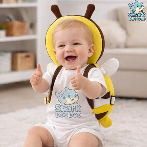Image of Shark Doo Doo Baby Head Protector Cushion for 6-24 Months | Soft Plush Safety Backpack for Toddlers | Adjustable Straps, Anti-Fall Pillow for Infants (Yellow Bee)