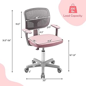 GLACER Kids Desk Chair with Arms 330 LBS Adjustable Mesh Study Chair with Wheels for Girls Boys Swivel Computer Task Chair with Lumbar Support Teen Office Chair for Home School Bedroom Pink