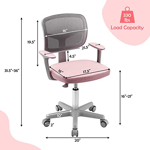 GLACER-Kids-Desk-Chair-with-Arms-330-LBS-Adjustable-Mesh-Study-Chair-with-Wheels-for-Girls-Boys-Swivel-Computer-Task-Chair-with-Lumbar-Support-Teen-Office-Chair-for-Home-School-Bedroom-Pink GLACER Kids Desk Chair with Arms 330 LBS Adjustable Mesh Study Chair with Wheels for Girls Boys Swivel Computer Task Chair with Lumbar Support Teen Office Chair for Home School Bedroom Pink