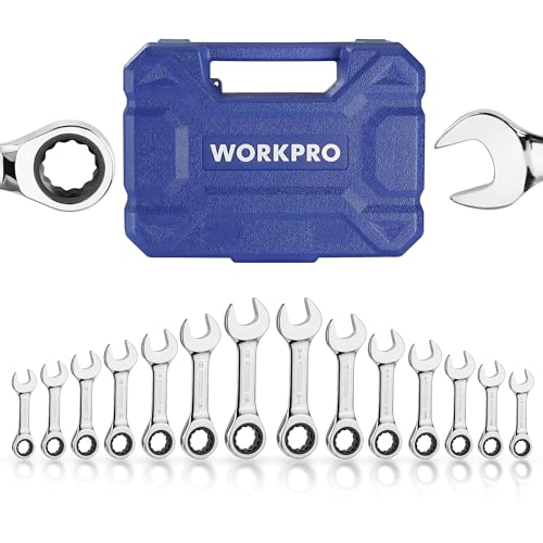 WORKPRO 14-Piece Ratcheting Combination Stubby Wrench Set, 72 Teeth, Combo Ratchet Wrenches Set with Organizer Box, SAE 3/8-3/4" & Metric 10-18mm