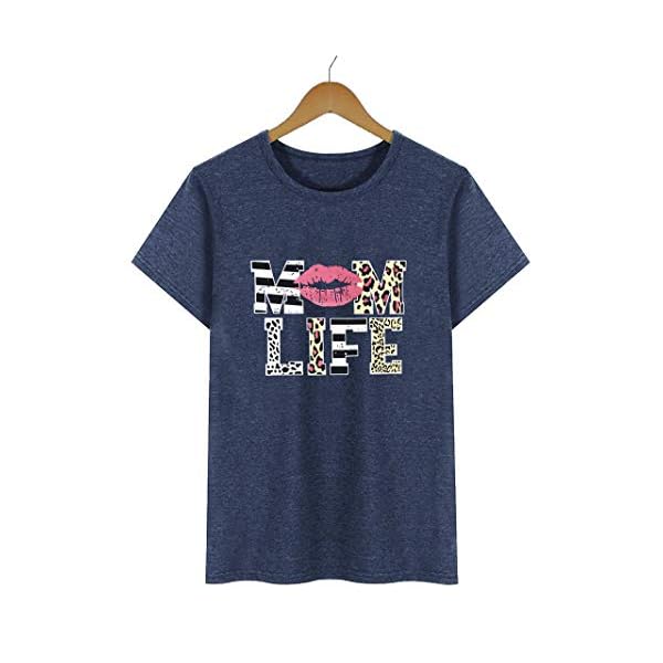 Women Mom Life T-Shirts Leopard Lips Stripe Graphic Shirts Funny Letter Printed Tee Mother's Day Casual Blouse