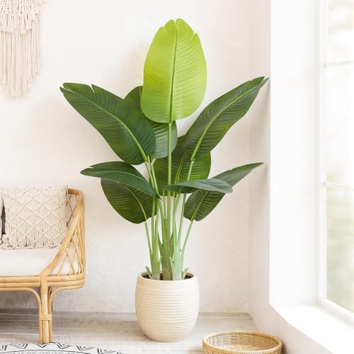 Keeplush Künstliche Paradiesvogel Pflanze groß 120cm künstliche Tropische Palme mit 9 Blättern perfekte künstliche Pflanzen im Topf für drinnen und draußen Haus Büro Garten Moderne Dekoration（1 Pack）