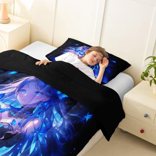 Image of Erosebridal 3D Japanese Girl Kids Comforter Set | Blue Butterfly Decorations Bedding Twin Size Cartoon Down Comforter Anime Gifts for Her Duvet Set for Bedroom