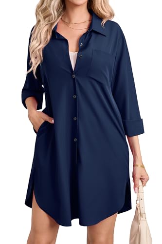 Enmain Bluse Damen Langarm Hemdbluse Damen Casual Hemd Bluse Knöpfen Lässiges Langarmshirt Tops Freizeithemd Shirts mit Taschen Marineblau XXL