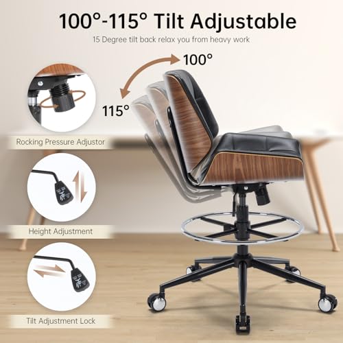 Image of Drafting Office Chair Ergonomic Executive Computer Standing Desk Chair with Adjustable Height and Footrest Ring, Drafting Chair for Counter Height Desk and Drawing (Black)