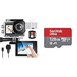 icefox Action Cam 4K Unterwasserkamera Wasserdicht 40M Ultra HD 20MP Kamera & SanDisk Ultra microSDHC Speicherkarte + SD Adapter mit A1 App Performance bis zu 120 MB/s, Class 10, 128gb, 1er Pack
