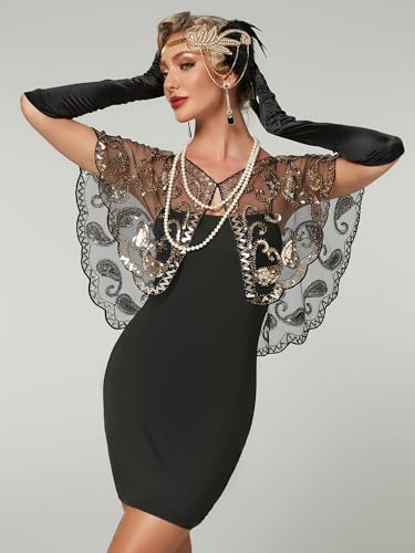 1920s Shawl Wraps Sequin Beaded Evening Cape Bridal Shawl Bolero Flapper Cover Up2