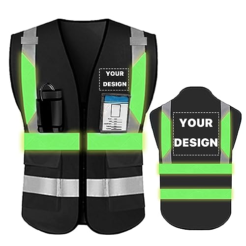 YOWESHOP High Visibility Reflective Safety Vest with Pockets and Zipper Custom Logo Safety Workwear,Luminous Black 3XL