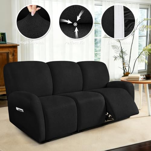 Image of ANARACHON Leather Look Recliner Couch Cover 8-Piece Recliner Sofa Slipcovers 3 Seater for Reclining Couches Furniture Protector Spandex Fabric Washable (Recliner Sofa,256Black)
