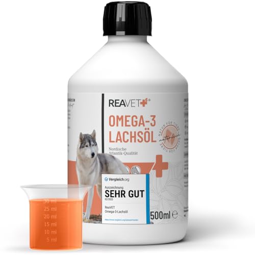 TESTURTEIL SEHR GUT 2025 ReaVET Lachsöl Hunde, Katze 500ml – Reich an Omega 3 & 6, Fischöl Hund hochdosiert I Echte Lebensmittelqualität ohne Zusätze I Frisch abgefüllt in Deutschland