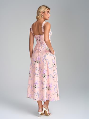 Image of KUTUMAI Floral Corset Midi Dresses for Women 2026 Lace Up Flowy Summer Wedding Guest Dress with Pockets