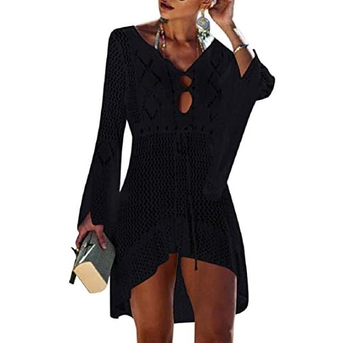 Tuopuda Bikini Cover Up Crochet Damen Strandkleid aushöhlen Stricken Swimsuit Sommerkleid mit V-Ausschnitt Strandrock Bell Sleeve Strandponcho Sommer Beachwear Bademode Strand Badeanzug