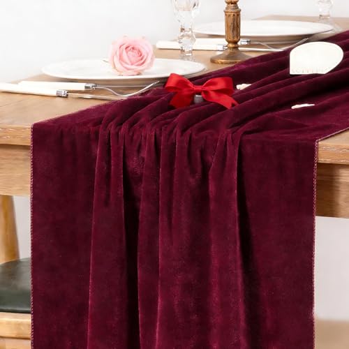 Image of MLMC Velvet Table Runner 10ft Luxury Velvet Fabric Elegant Table Decorations 20x120 Inches for Wedding Anniversary Romantic Dinner Holiday Kitchen and Dining Table Decor, Burgundy Red