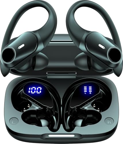 GOLREX Active Noise Cancelling Ear Buds Wireless Earbuds Bluetooth Headphones with 80H Playtime LED Display Charging Case, Over Ear Earphones with Hooks for Sports Running Gym Workout Black