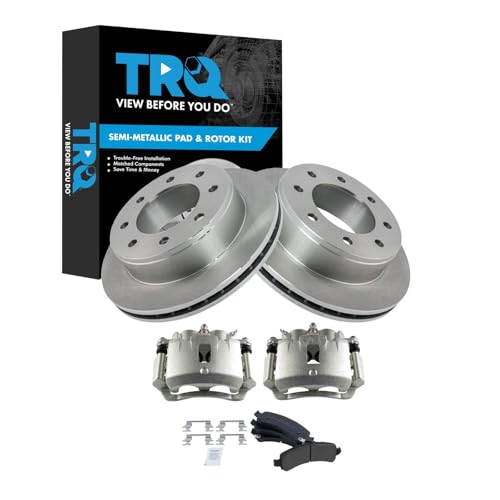 Image of TRQ Rear Brake Pad, Caliper, & Rotor Kit Semi-Metallic Vented Compatible with 2003-2017 Chevrolet Express 2500 2005-2017 Express 3500 GMC Savana 2500 Savana 3500
