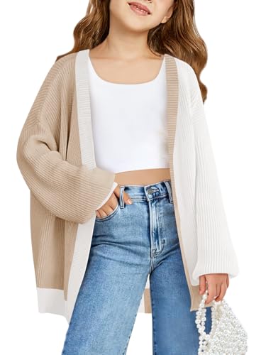 Haloumoning Girls Oversized Batwing Sleeve Cardigan Sweaters Kids Fashion Open Front Color Block Outerwear Khaki