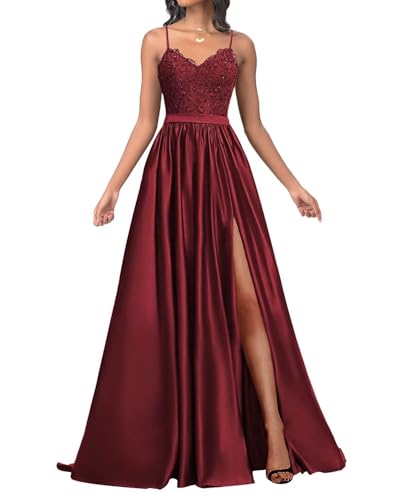 Infuness Damen Satin Ballkleider Lang Spaghetti Straps Lace Appliques Ballkleider mit Schlitz