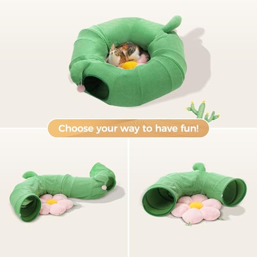 Image of PEQULTI Cat Tunnel with Bed for Indoor Cats, Cat Play Donut Tunnel with Washable Soft Plush Flower Mat, Round Tube Toys Cute Tube for Kittens, Puppies, Rabbits and Ferrets, Green&Pink