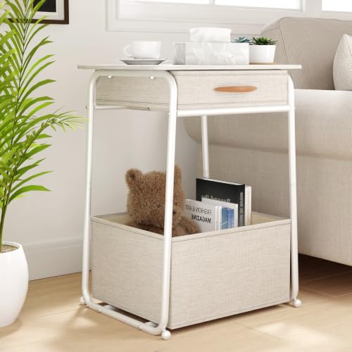 Image of Olldide White Side Table with Storage Basket, End Tables with Fabric Drawer