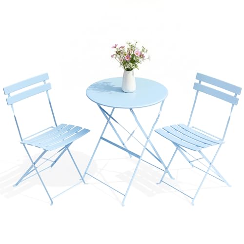 LIFERUN 3-Piece Folding Bistro Set Outdoor, Powder Coated Weatherproof Patio Furniture Set, Bistro Table and Chairs Set of 2 for Cafe, Patio, Garden, Balcony, Space Saving, Blue