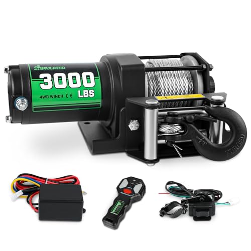STIMULATER 3000lb ATV Winch Electric Winch 12V Steel Cable Winch with Wireless Remote and Manual Switch with Hawse Fairlead & Hook IP67 Waterproof Suitable for Most Trailers and ATV winchs