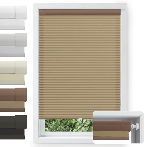No Drill Cordless Cellular Shades, 30s Easy Install Honeycomb Window Shades, Light Filtering Thermal Insulated Blinds for Bedroom Kitchen Bathroom(Brown, 52" W x 36" H)