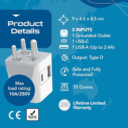 Image of Ceptics 3 in 1 Travel Adapter with USB C, Type D Multiple Plug Socket for Laptops, Phones - White - 1 Pack