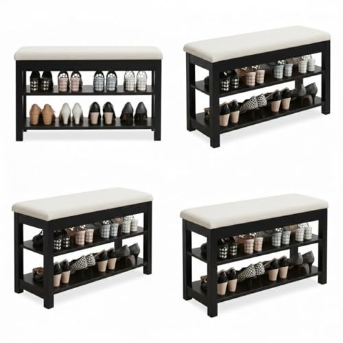 Image of Premium Sheesham Wood Shoe Rack with Upholstered Bench - 2-Tier Solid Wood Entryway Shoe Organizer - Durable Hallway Storage Bench for Living Room & Bedroom (Black, 24inch)