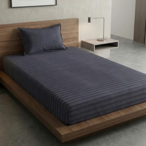 Image of Home Sizzler Microfibre Grey Satin Stripe Elasticated Fitted Single Bedsheet (72x36 Inches) with 1 Pillow Cover