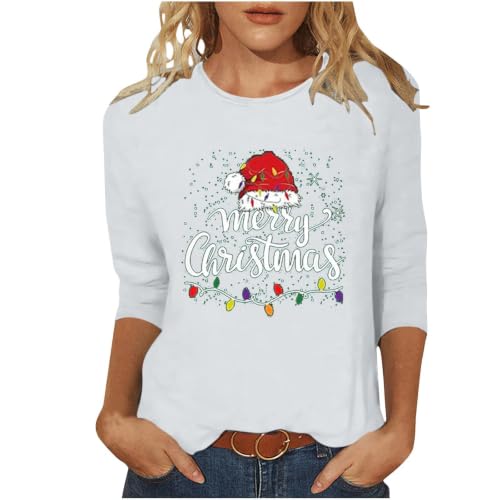 Image of White Womens Festive Party Tops Merry Christmas Print 3/4 Sleeve T Shirts