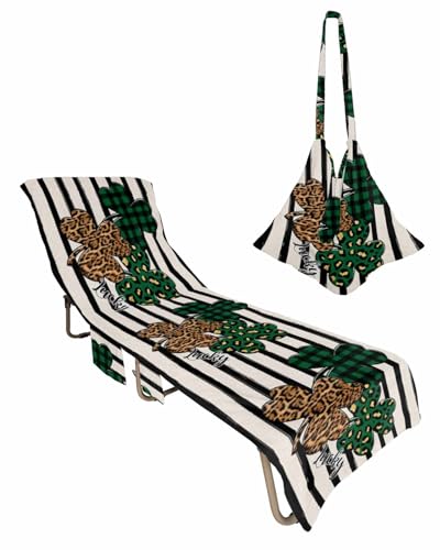 St. Patrick's Day Beach Lounge Chair Towel Cover, Soft Chaise Lounge Towel with Side Pockets Patio Pool Chairs Cover for Beach/Pool Sunbathing 29x85 lucky Clovers Black Striped