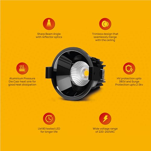 Image of wipro 7 Watt Alpha Trimless Black COB | Warm White (2700K) | Aluminium PDC Heat Sink | Sharp Beam Angle with Reflector for Home, Office and Store Cabinet Display | Pack of 1