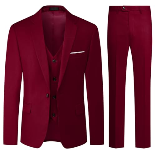 Allthemen Traje para Hombre Boda 3 Piezas Slim Fit Trajes de Esmoquin Un botón Color sólido Chaqueta Formal para Hombre Chaleco y Pantalones Burdeos M