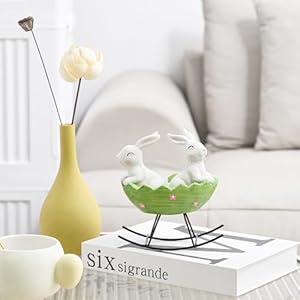 Easter bunnies decor cute easter figurine small bunny figurines for table centerpiece decorations rabbit decoration for home spring decor smiling bunnies rocking in egg cradle  urban country home decor