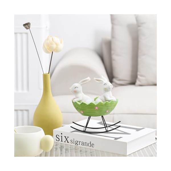 Easter bunnies decor cute easter figurine small bunny figurines for table centerpiece decorations rabbit decoration for home spring decor smiling bunnies rocking in egg cradle  urban country home decor