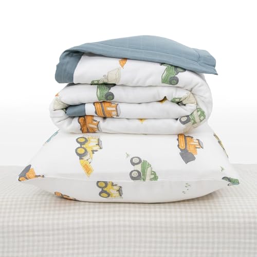 Image of Little Unicorn Toddler Bedding 3-Piece Set | Includes Comforter, Crib Sheet & Pillowcase | Soft & Breathable Muslin Fabric | for Convertible Cribs & Toddler Beds (Work Trucks)