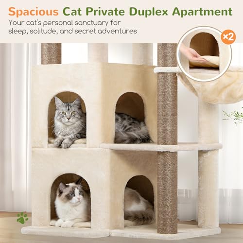 Image of Globlazer Cat Tree Tower for Indoor Cats, Sturdy Adult Cat Tree House for Large Adult Cats with 2 Platform, 6 Cat Scratching Post, 2 Cat Caves, Dangling Toys, S63, 63 inch, Beige