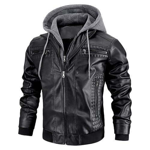 JEShifangjiusu - chamarra de piel sintética para hombre, estilo casual, con capucha y cierre, para motociclista, Negro -, L