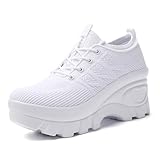 Women's Chunky Platform Comfort Orthopedic Wedge Walking Shoes Fashion Knitted Breathable Lace Up Lug Sole Casual Non-Slip Running Shoes With Arch Support (White, Adult, Women, 5, Numeric, US Footwear Size System, Medium)