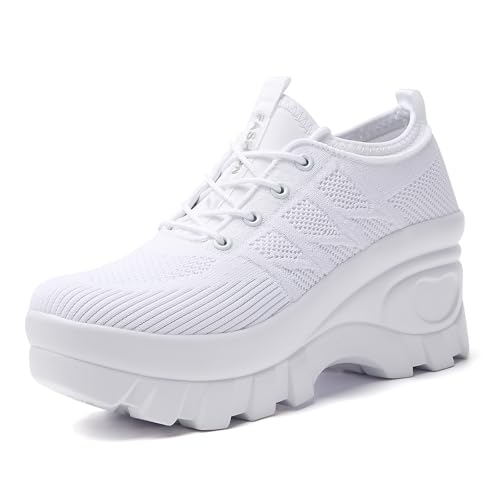 Women's Chunky Platform Comfort Orthopedic Wedge Walking Shoes Fashion Knitted Breathable Lace Up Lug Sole Casual Non-Slip Running Shoes With Arch Support (White, Adult, Women, 5, Numeric, US Footwear Size System, Medium)