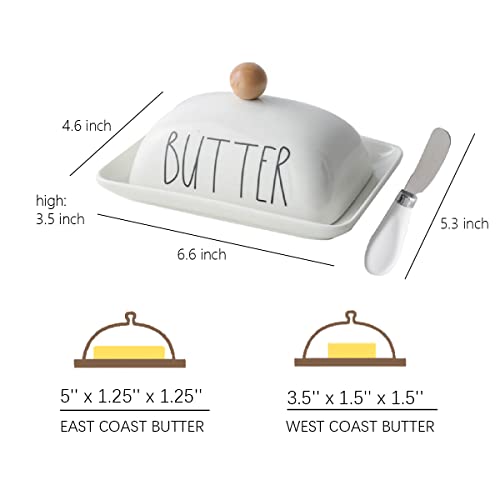 Farmhouse Decorative Kitchen Countertop Porcelain Butter & Cream Cheese Dish with Lid,Butter Keeper with Cover for East West Coast Butter,White - Image 3