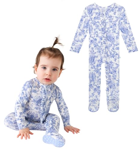 Image of Posh Peanut Footie Pajamas for Baby Girls – Sleepers in Ultra-Soft Viscose from Bamboo with 2-Way Zipper & Ruffle Trim