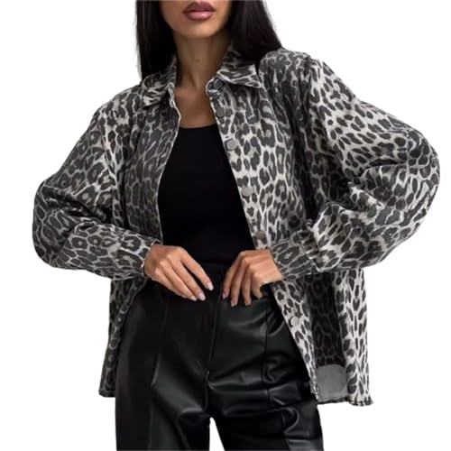 OCUH Denim Jacket for Women Leopard Print Oversized Denim Jacket Basic Button Down Long Sleeves Jean Jacket