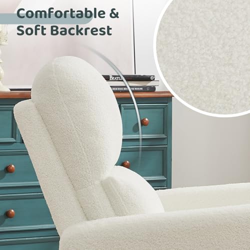 Image of Swivel Rocker Recliner, Oversized Boucle Glider Recliner Nursery, Teddy Manual Swivel Rocking Reclining Chairs with Removable Cushion and Lumbar Support for Nursery Living Room Bedroom, White