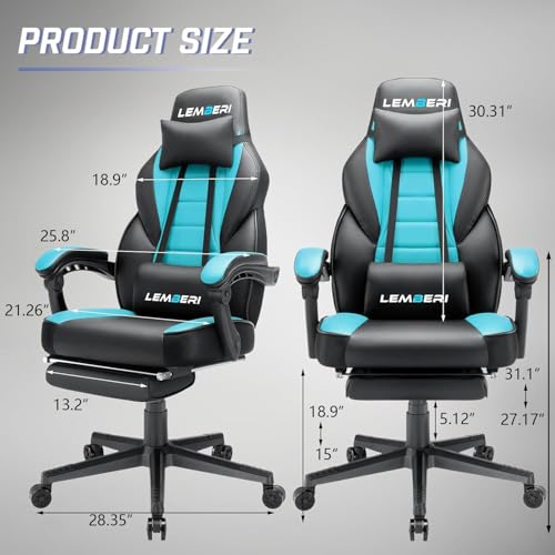 Image of LEMBERI Big and Tall Gaming Chair 400lb Capacity, Heavy-Duty Office Chair with Reinforced Footrest, Wide Seat High Back PC Desk Chair with Linkage Armrests, Thickened Steel Frame, PU Leather, Blue