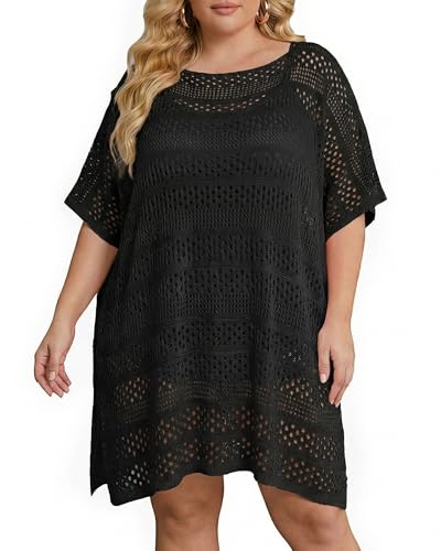 Chalier Swimsuit Coverup for Women Crochet Beach Cover Ups Hollow Out Plus Size Bathing Suit Cover Up Swim Dress, All Black