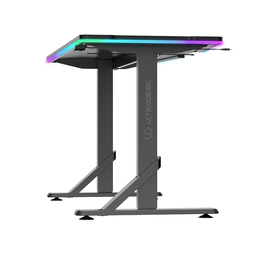 ULTTRADESK - IRON - Scrivania per Cmputer - Scrivania per Monitor da Gioco, Regolabile in Altezza con Retroilluminazione a LED RGB - per 2 Monitor - Grande, Regolabile in Altezza - Nero